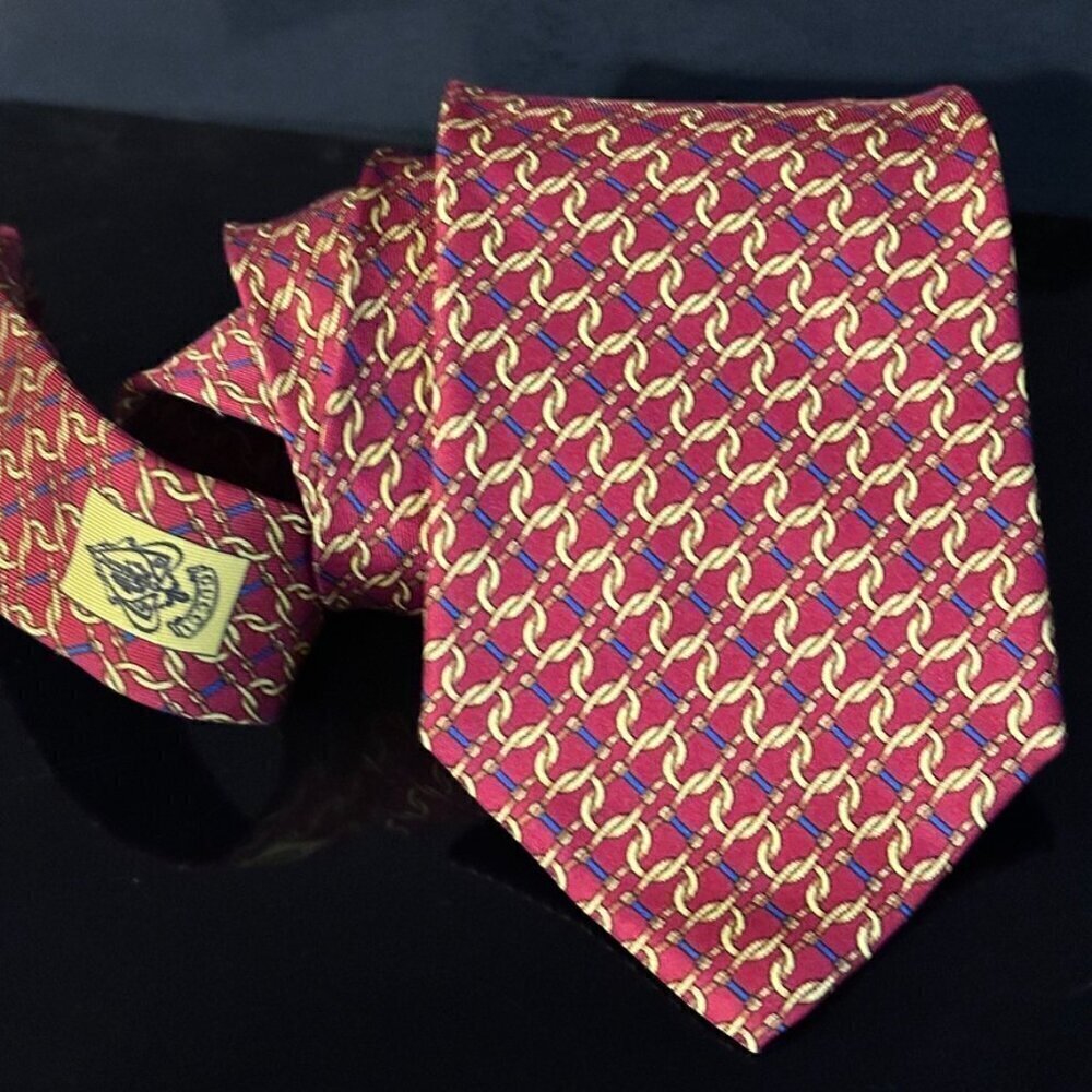 Gucci Logo Silk Tie Silver Red Gold Chain Plaid Chains Euc Mint Mens Man's Gift - Picture 2 of 8